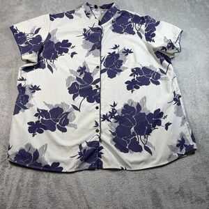 Vtg Iolani Button Up Shirt Women 3X White Purple Floral Hawaiian Short Sleeve